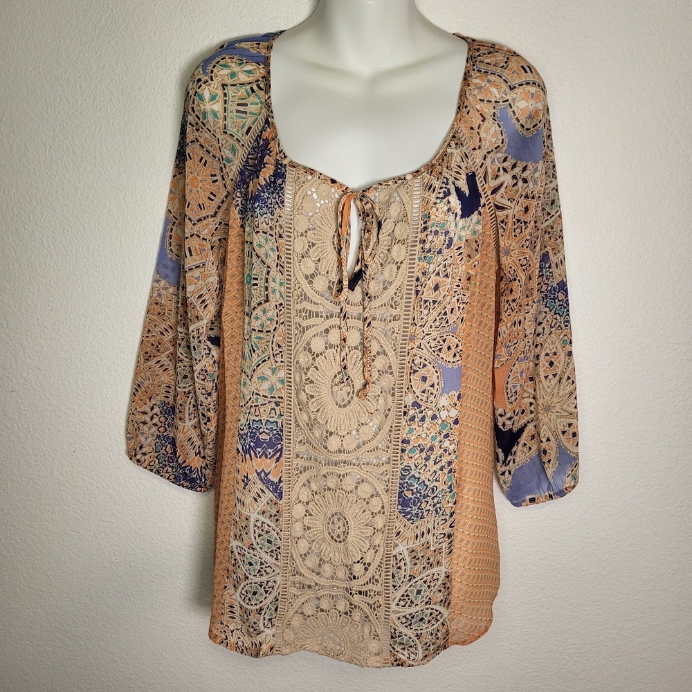 Anthropologie | Meadow Rue Lace Front Tie Neck Roselle Peasant Blouse size Small